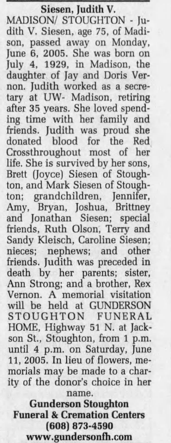 Obituary for Judith V. Siesen MADISON